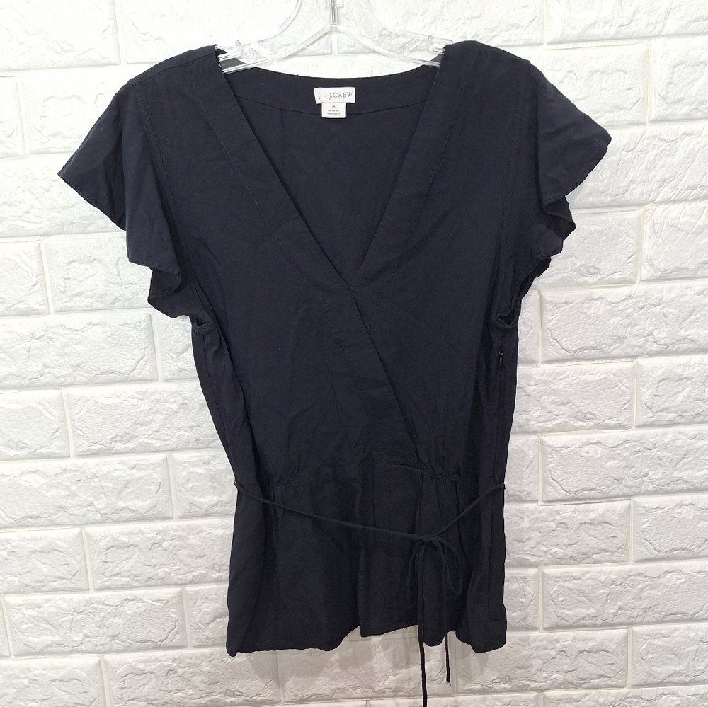 J. CREW Black Flutter Sleeve Peplum Top with Belt